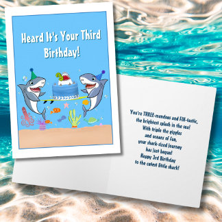 Carte Joyeux troisième anniversaire Requins avec gâteau