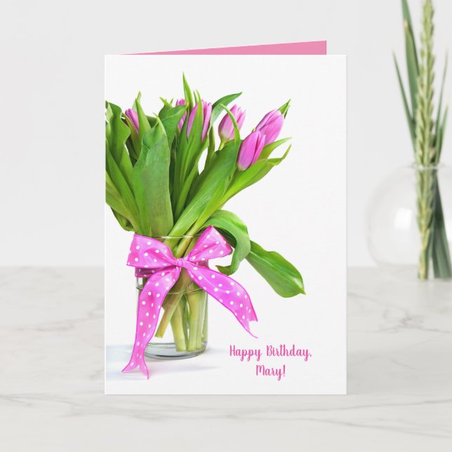 Carte Joyeux tulipes roses d'anniversaire dans un vase (Devant)