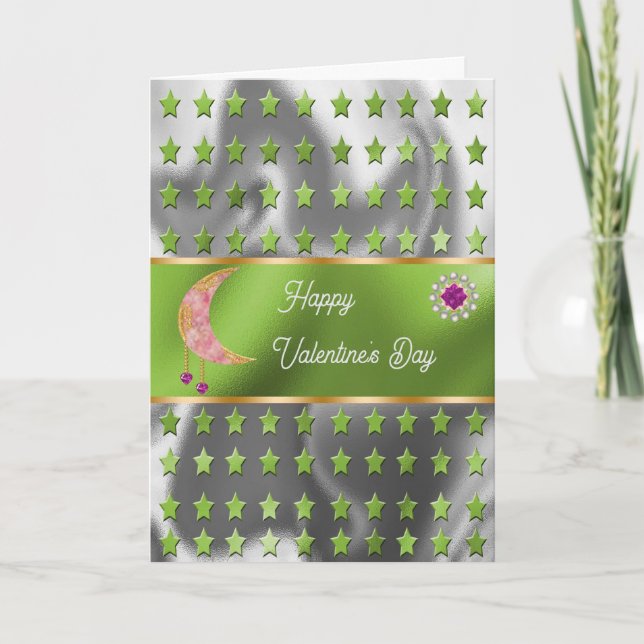 Carte Joyeux Valentine Rose Moon Jewels & Étoiles (Devant)