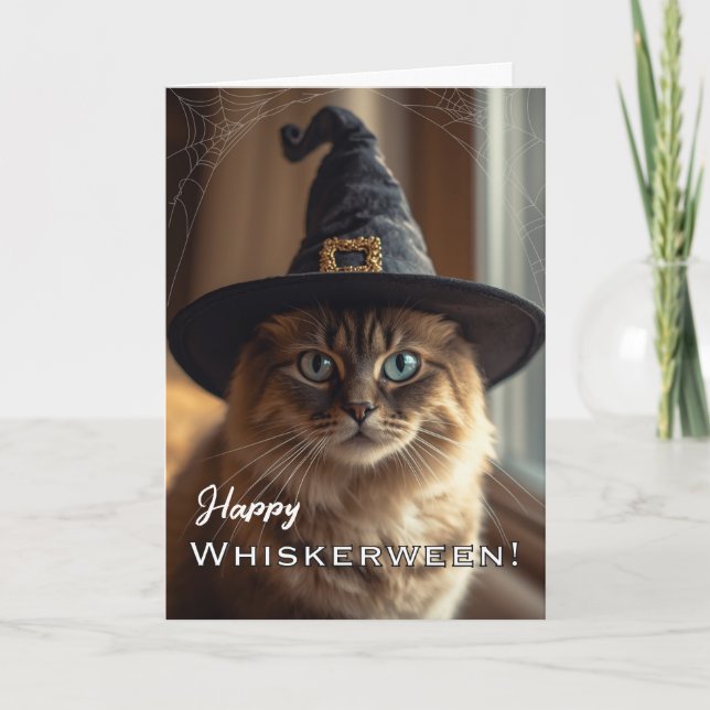 Carte Joyeux Whiskerween avec Chat Sorcière d'Halloween (Devant)