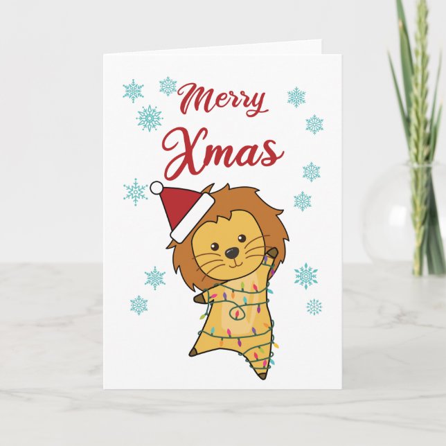 Carte Joyeux Xmas Lion neige Big Chat Fairy Lumières (Devant)