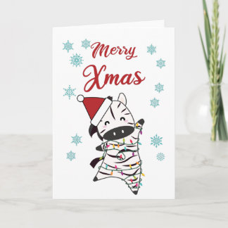 Carte Joyeux Xmas Zebra Safari Zoo Neige mignonne