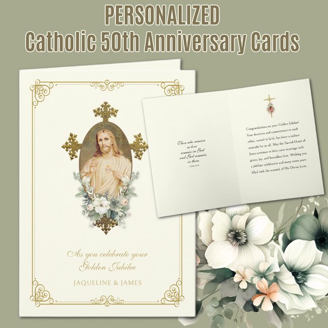 Carte Jubilé de mariage catholique 50 ans Jésus (Traditional Catholic Sacred Heart of Jesus Golden 50th Wedding Anniversary Card)