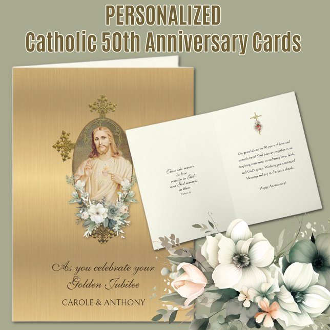 Carte Jubilé de mariage catholique 50 ans Jésus (Traditional Catholic Golden Jubilee 50th Anniversary Card - Sacred Heart of Jesus)