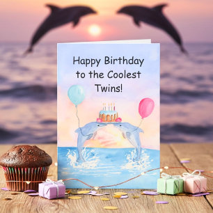 Carte Jumeaux Joyeux Anniversaire Dauphins avec Gâteau d