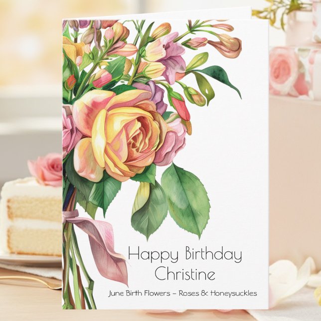 Carte June Birth Flower Birthday Card Roses Honeysuckle (Créateur téléchargé)