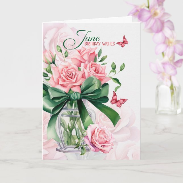 Carte June Birthday Pink Roses with Butterflies (Orchidée)