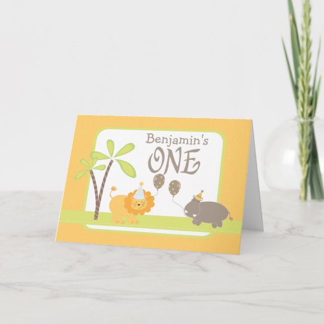 Carte Jungle Lion et Hippo Joyeux 1er anniversaire (Devant)