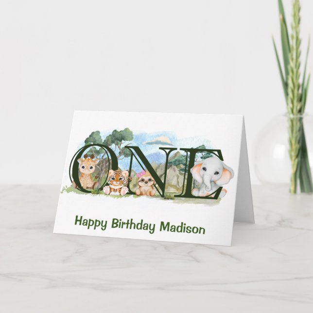 Carte Jungle Safari Animaux 1er Premier Anniversaire Un (Devant)