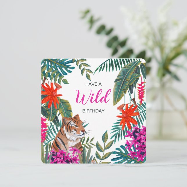 Carte Jungle vert & rose sauvage tropicale tiger d'anniv (Debout devant)