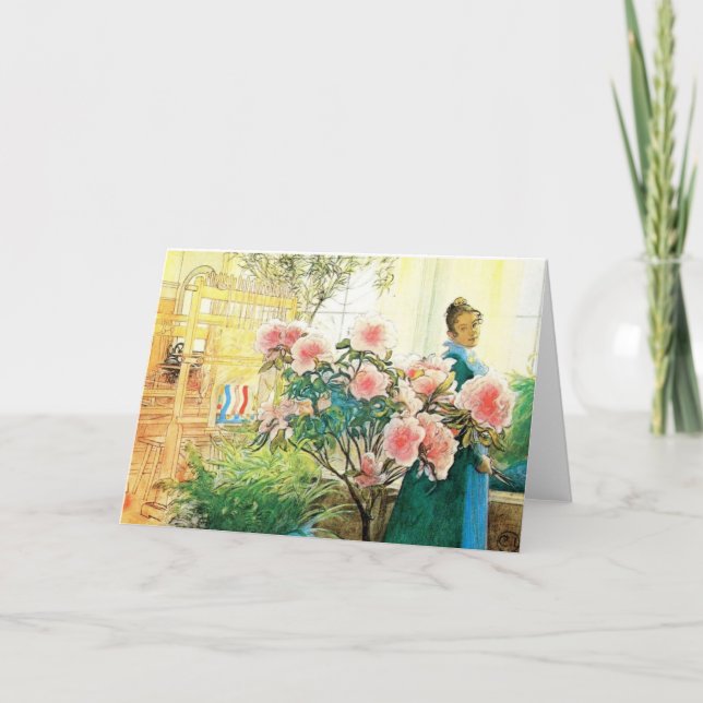 Carte Karin avec des fleurs roses et son métier à tisser (Devant)