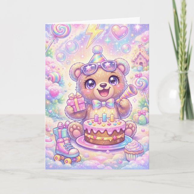 Carte Kawaii Bear Birthday Pastel Rainbow Roller Skate (Devant)