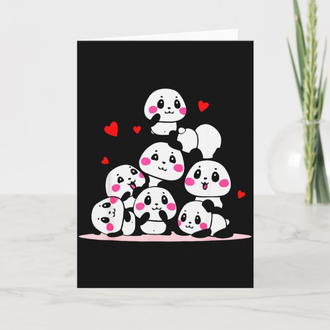 Carte Kawaii Bébé Panda Mignon Tas Avec Cœurs Rouges Sai (Devant)