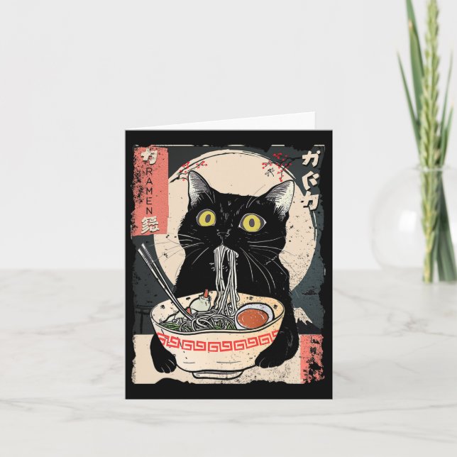 Carte Kawaii Chat Mangeant Des Nouilles Ramen Drôle Cade (Devant)