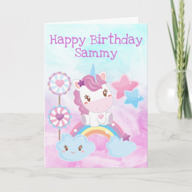 Carte Kawaii Dreamy Unicorn Rainbow Cloud Joyeux anniver (Devant)