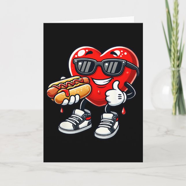 Carte Kawaii drôle coeur mangeant hot dog Saint-Valentin (Devant)
