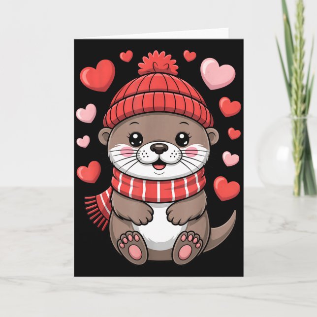 Carte Kawaii Loutre Saint-Valentin Cœurs Écharpe d'Hiver (Devant)