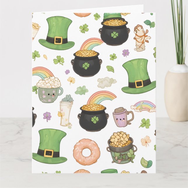 Carte Kawaii Porte-bonheur Saint-Patrick Pot d'Or (Devant)