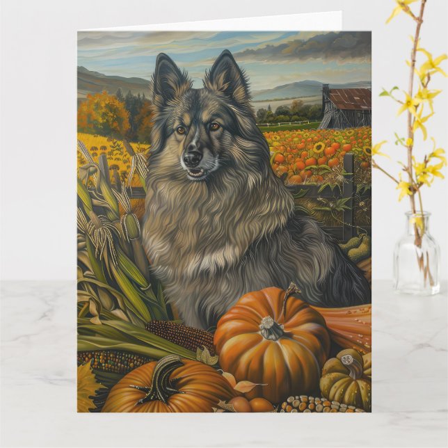 Carte Keeshond Chien automne récolte Thanksgiving (Fleur jaune)