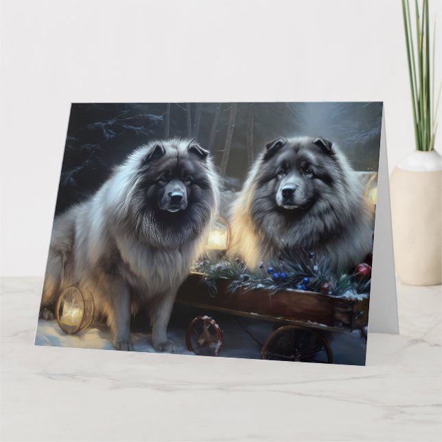 Carte Keeshond enneigé traîneau décor Noël (Devant)