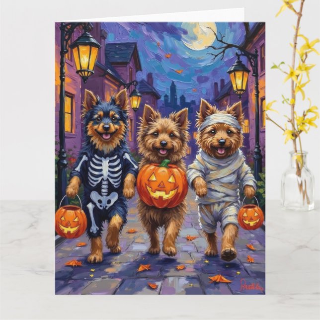 Carte Keeshond Trick-or-Treating dans les costumes d'Hal (Fleur jaune)