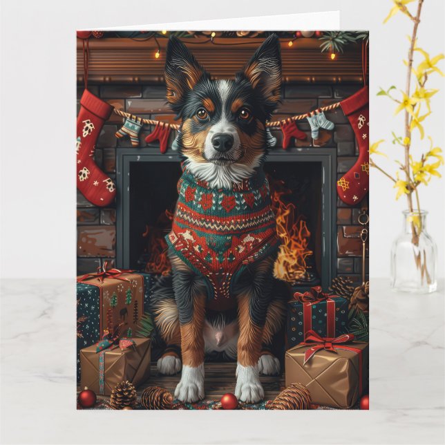 Carte Kelpie australien avec cheminée de cadeaux de Noël (Fleur jaune)