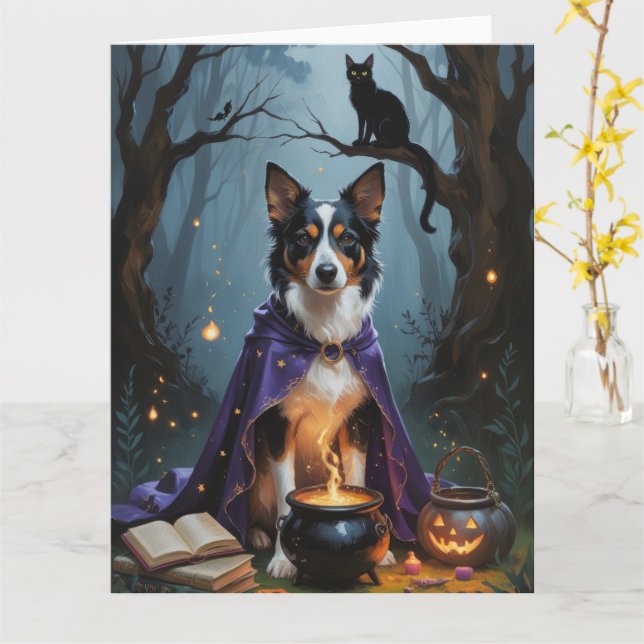 Carte Kelpie Chien australien Peinture d'Halloween lunai (Fleur jaune)