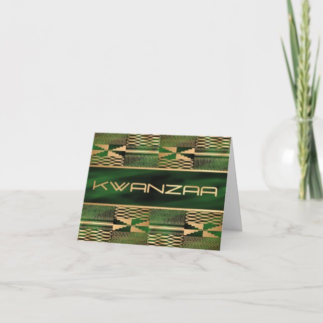 Carte Kente vert et or Imprimer "Happy Kwanzaa" (Devant)