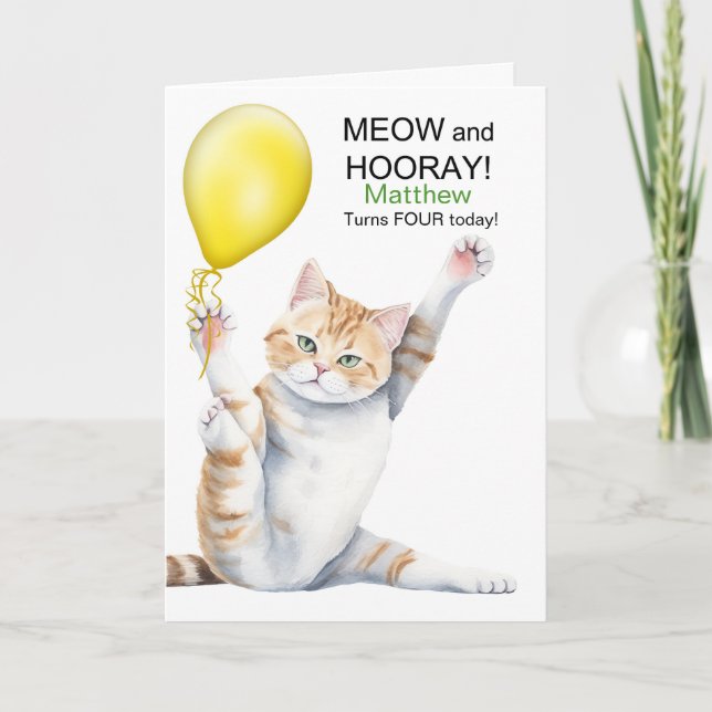 Carte Kids 4th Birthday Cute Cartoon Cat with Name (Devant)