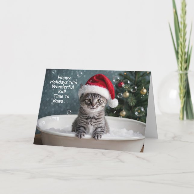 Carte Kids Christmas Holiday Card Cute Kitten in Bath (Devant)