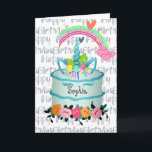 Carte Kids Unicorn Cake Personnalisé<br><div class="desc">Carte Anniversaire de enfant que vous pouvez personnaliser. Joyeux Anniversaire en police de licorne sur toute la couverture,  avec gâteau conçu par la licorne,  arc-en-ciel et les coeurs. À l'intérieur est texte Joyeux anniversaire,  Avoir une journée magique.</div>