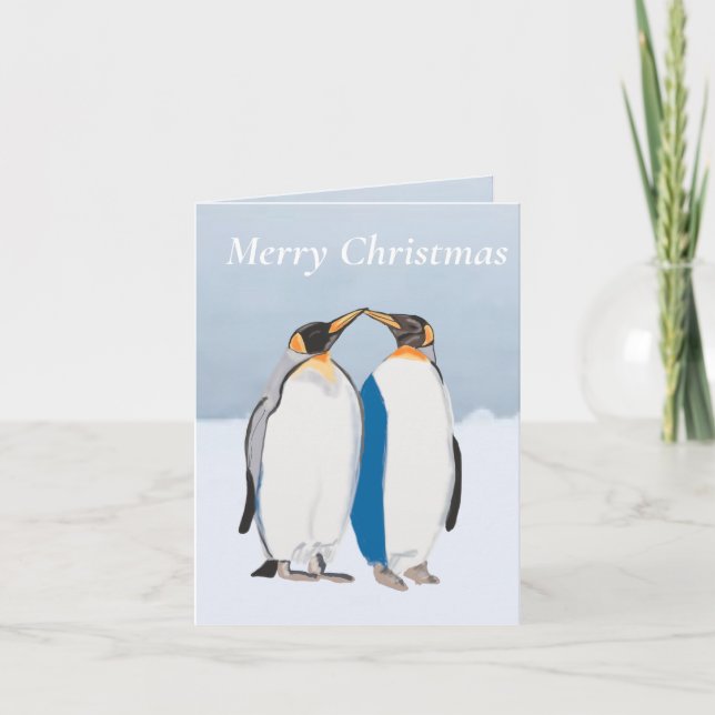 Carte King Penguin Pair embrasser Noël modifiable (Devant)