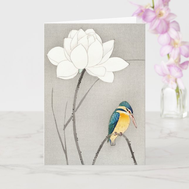 Carte Kingfisher avec Lotus Flower Ohara Koson agrandi (Orchidée)