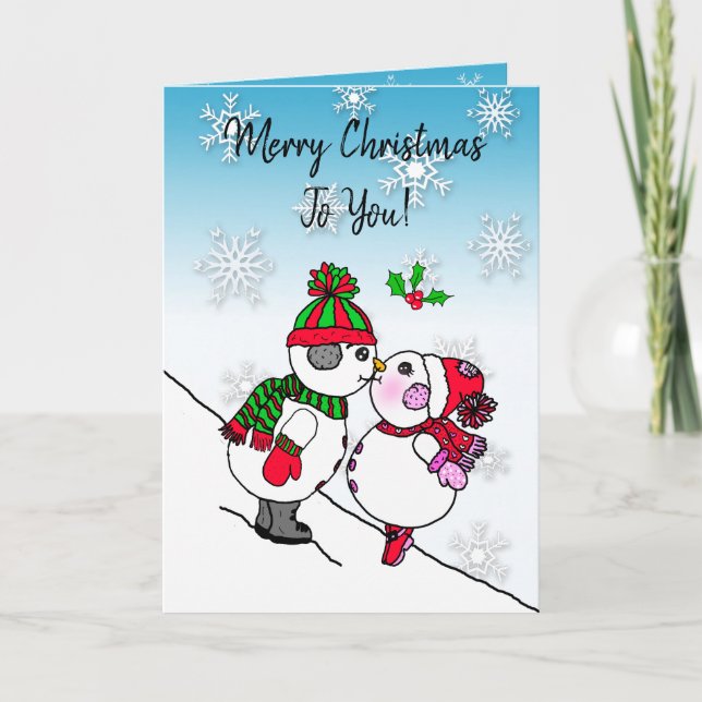 Carte Kissing Snowman et Snowwoman sous la Mistletoe (Devant)
