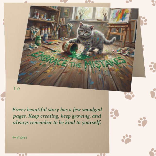 Carte Kit de mentalité de croissance Chat Animalcore Thé (Grey Kitten Green Paint Growth Mindset Encouragement Card for therapy, classroom and artists.)