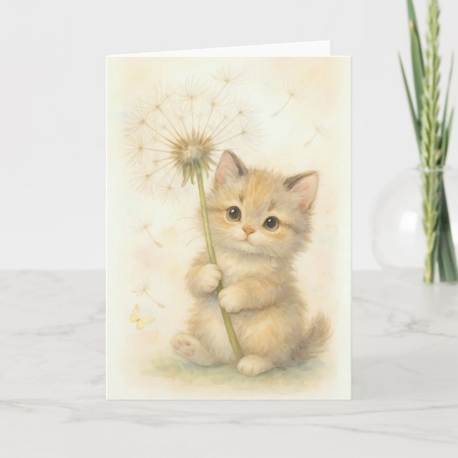 Carte Kitten adorable avec Dandelion et blanc papillon (Devant)