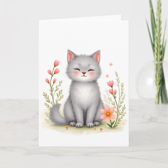 Carte Kitten Aquarelle Chat Mignon avec Fleurs Fond Blan (Devant)
