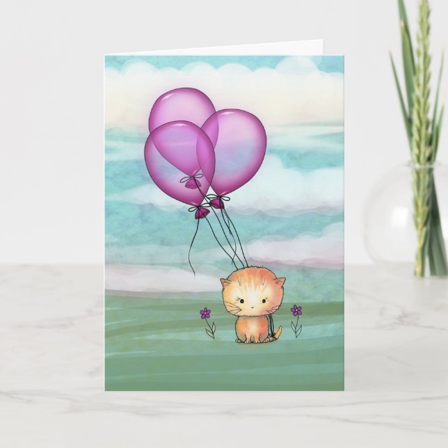 Carte Kitten d'anniversaire avec ballons violets (Devant)
