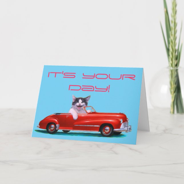 Carte Kitten dans une convertible rouge (Devant)