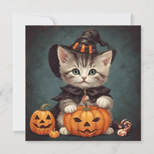 Carte Kitten en costume d'Halloween et Jack-O'Lantern