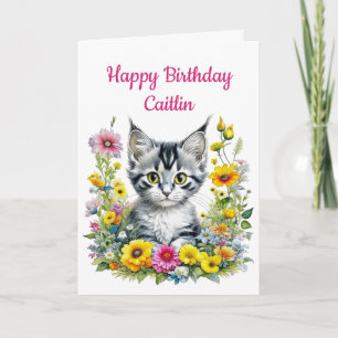 Carte Kitten en Fleurs Jaunes Anniversaire personnalisé