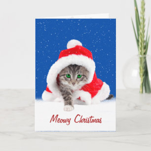 Carte Kitten In Christmas Santa Hat and Snowflakes