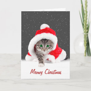 Carte Kitten In Christmas Santa Hat and Snowflakes