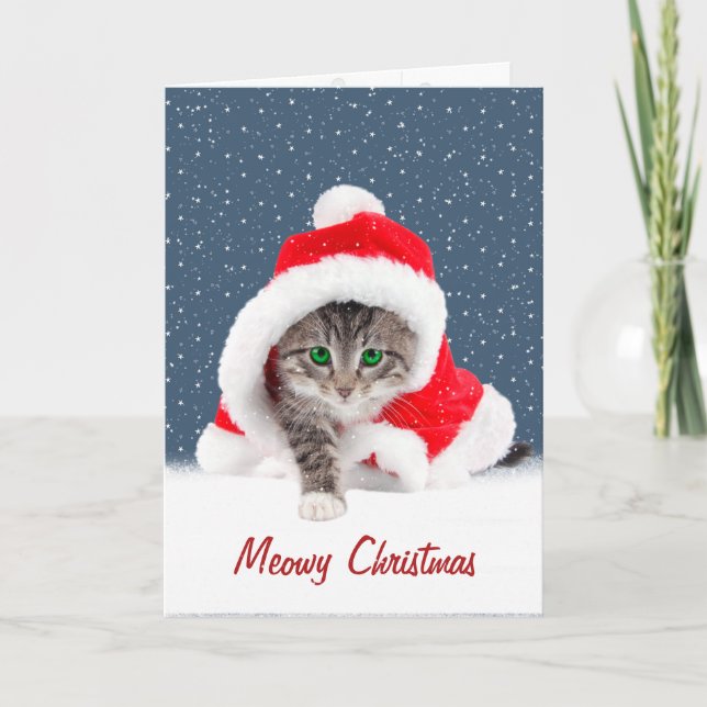 Carte Kitten In Christmas Santa Hat and Snowflakes Card (Devant)
