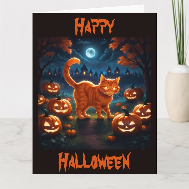 Carte Kitten orange éffrayant pour la nuit d'Halloween (Devant)