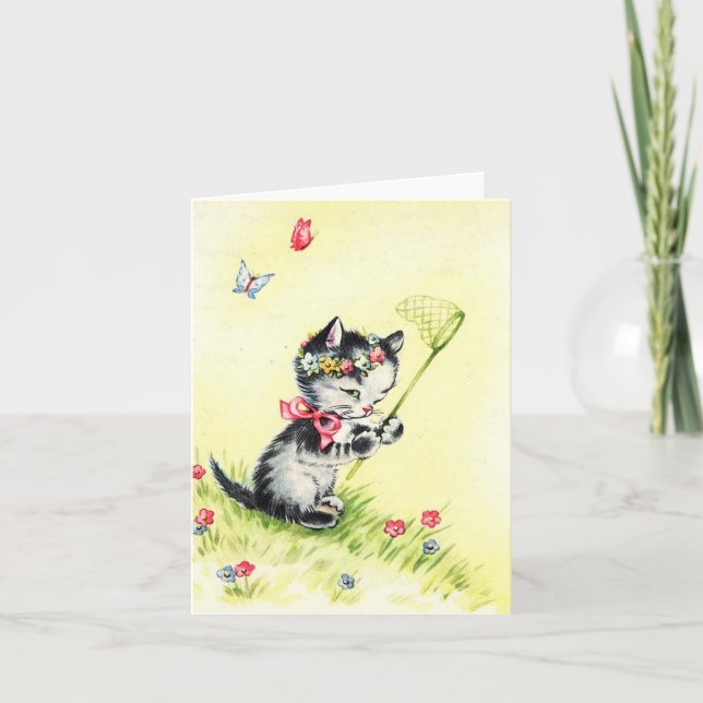Carte Kitten vintage à captation papillon (Devant)