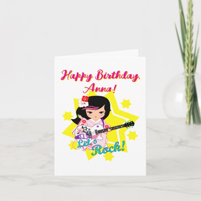 Carte Kokeshi Doll Guitar Joyeux Anniversaire (Devant)