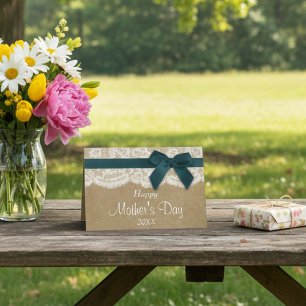 Carte Kraft, dentelle et nœud sarcelle Joyeuse fête des 