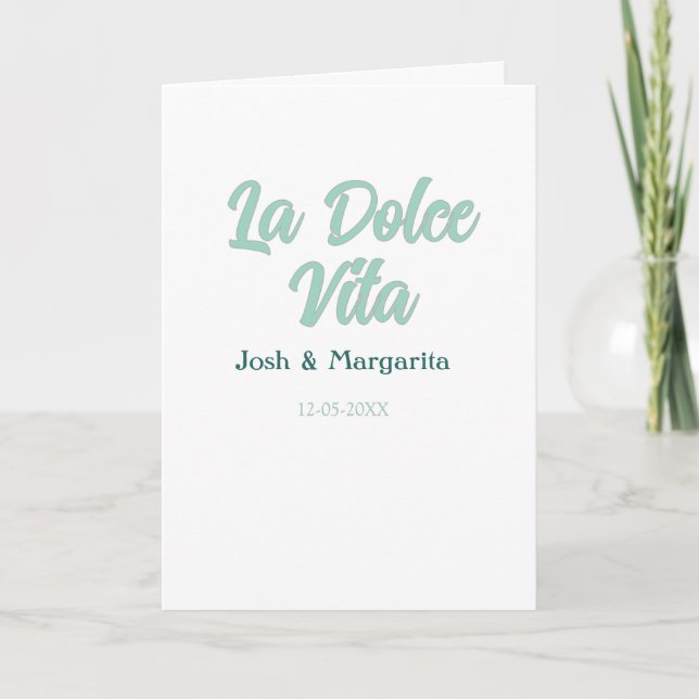 Carte La Dolce Vita vert bleu pastel nom date mariage  (Devant)