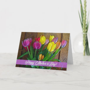 Carte La fête des mères avec des tulipes colorées et une